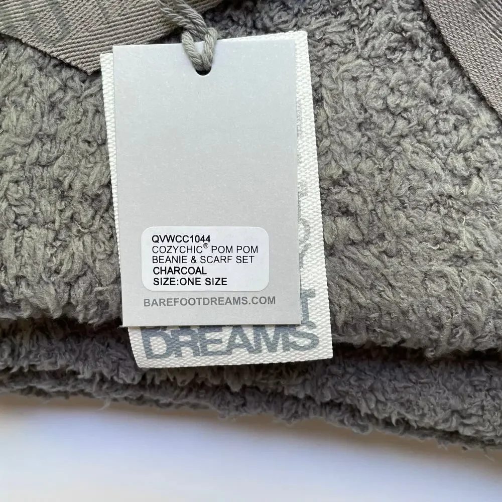 Barefoot Dreams Pom Pom Beanie and Scarf Set Cozychic Charcoal Grey NEW